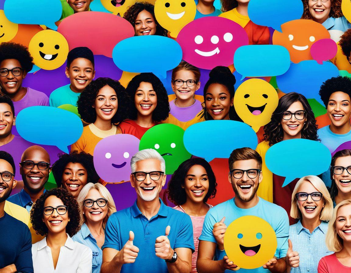 A vibrant online community scene featuring diverse people of different ages and backgrounds joyfully interacting over cheerful digital content on various devices. Colorful speech bubbles filled with emojis float around them, symbolizing laughter and connection. The backdrop includes bright, uplifting colors and playful icons representing positivity and creativity. super-realistic. vibrant colors. 3D.