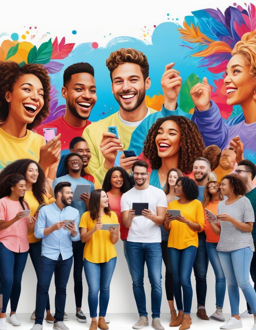 A cheerful gathering of diverse people engaging with digital devices, showcasing vibrant online interactions. In the background, a colorful community mural represents positivity and collaboration. Bright, uplifting colors radiate joy and excitement, emphasizing connectivity and engagement. super-realistic. vibrant colors. white background.