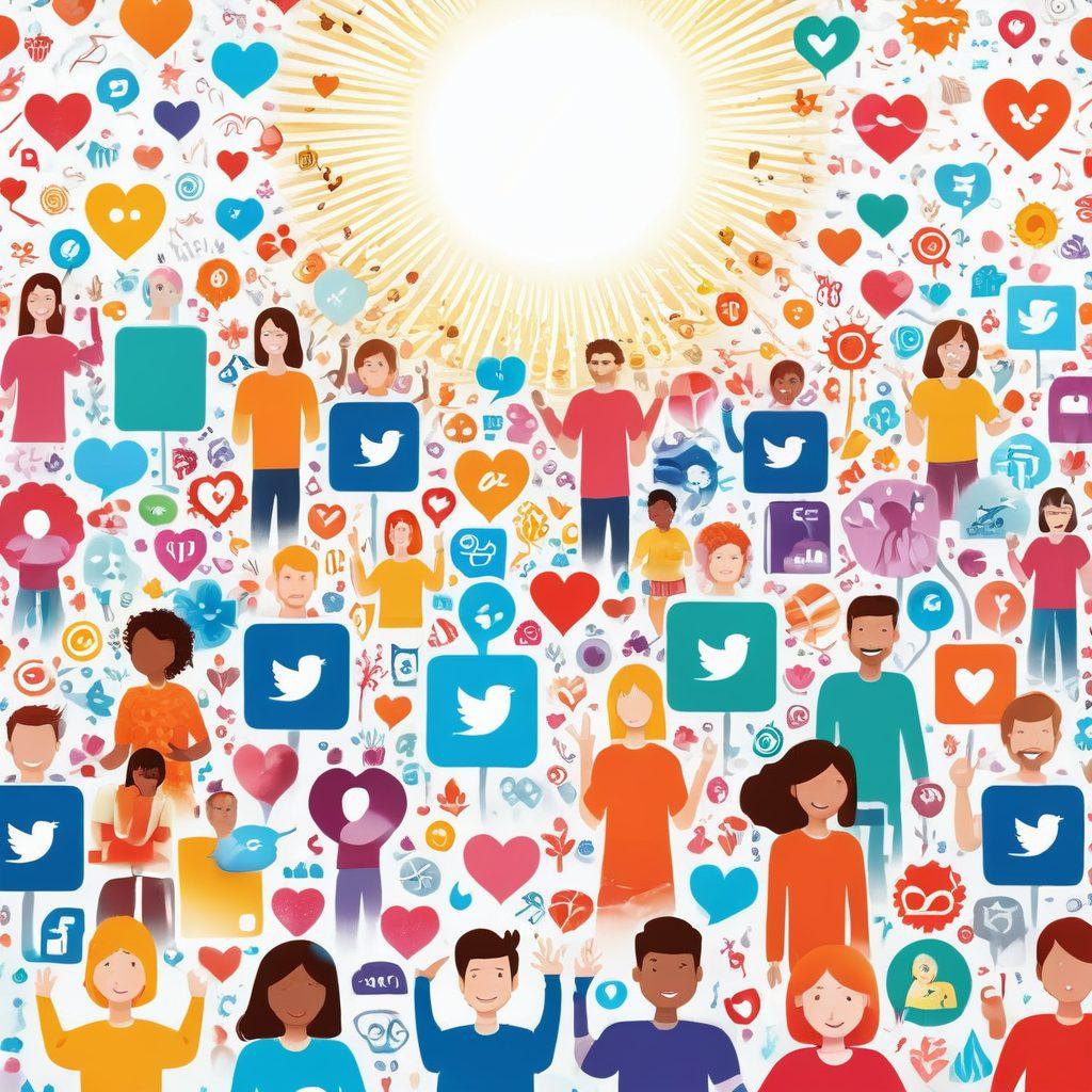 A vibrant digital landscape with smiling diverse people interconnected by glowing social media icons, surrounded by uplifting symbols like sun rays and hearts. Use bright colors to evoke positivity, and include abstract elements representing happiness and collaboration. Emphasize a sense of community and support in the digital realm. super-realistic. vibrant colors. white background.